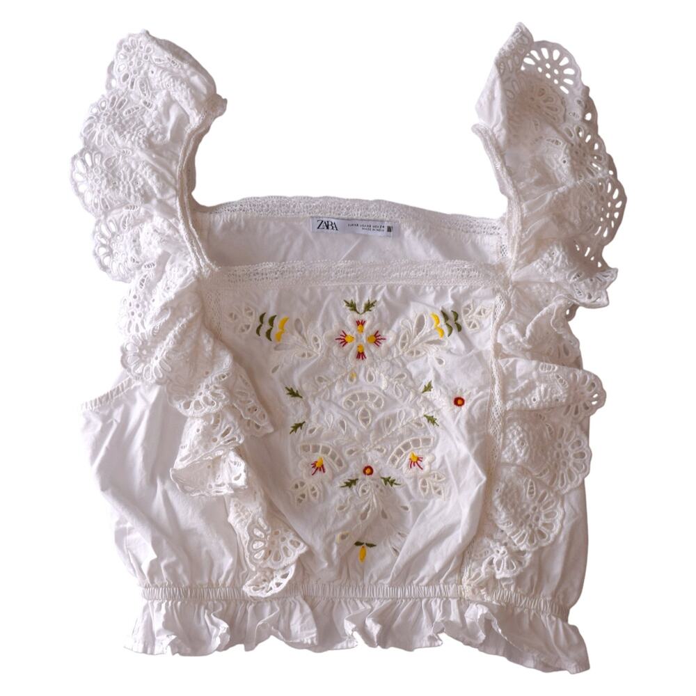 ZARA White Embroidered Eyelet Ruffle Crop Top XS Boho